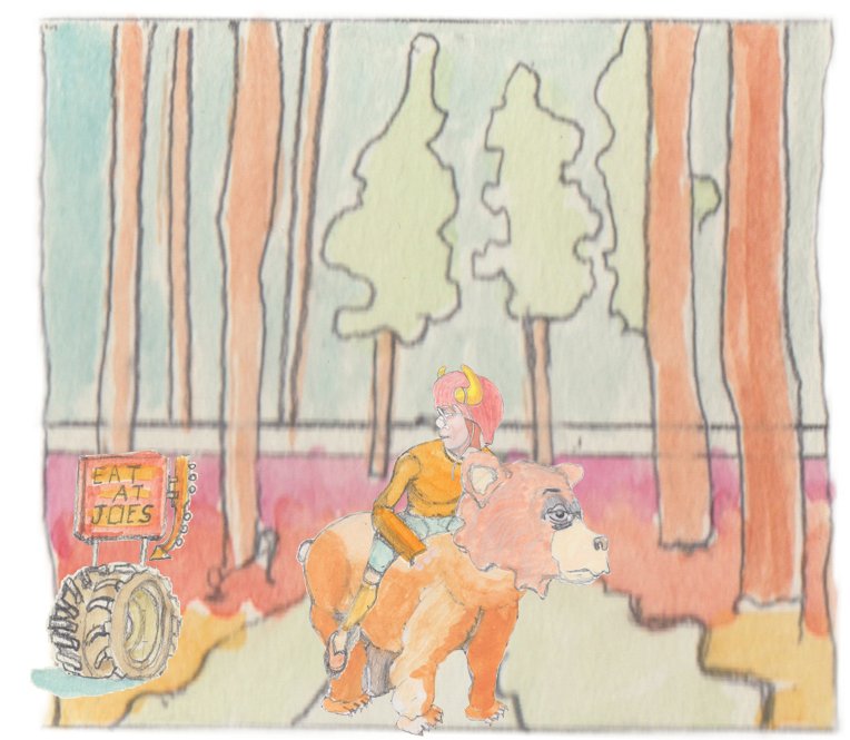 Angrboda is till on Bosco' back and the foliage on the understory is vibrant. hey alo pass a neon ign that ays eat at Joes attached to the top of an abandoned 4x4 tire.